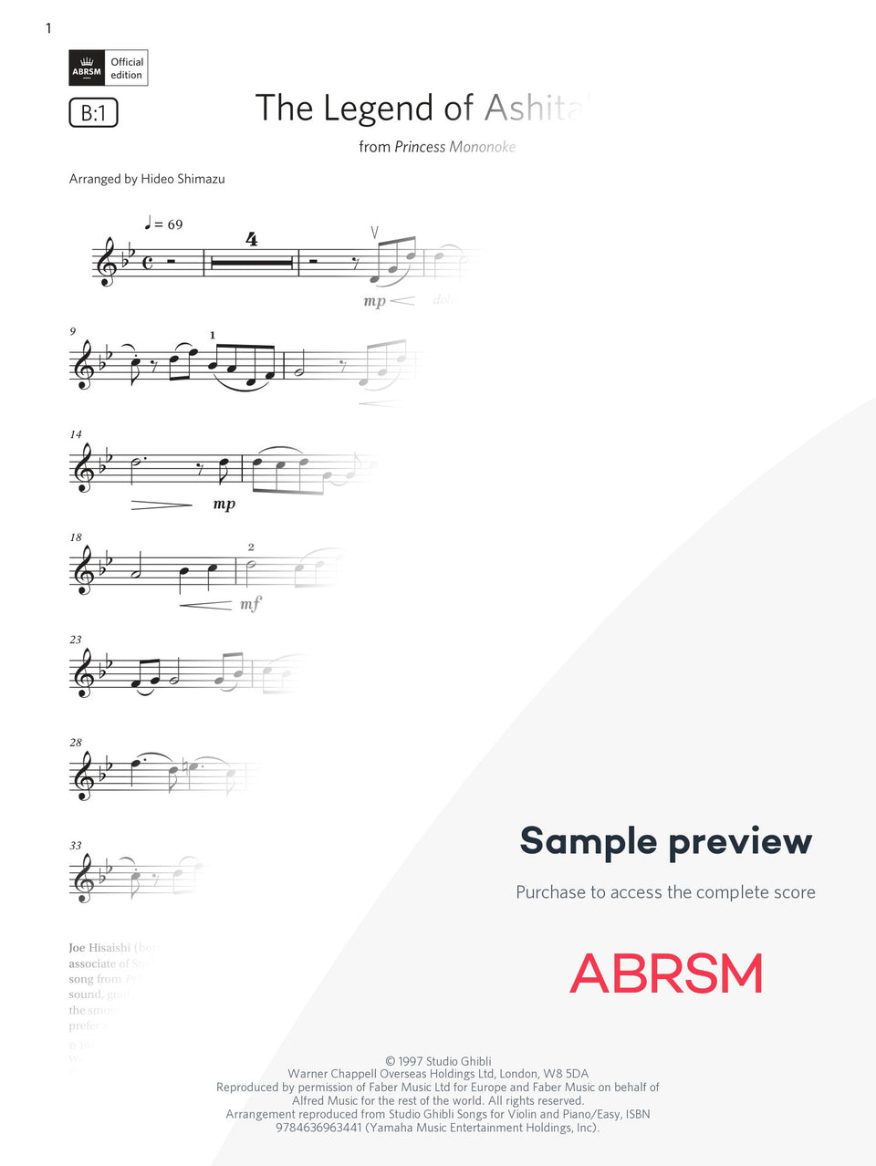 The Legend of Ashitaka - Violin Exam Pieces 2024, Grade 4 (Digital Sheet Music) protected preview