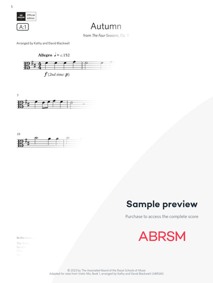 Autumn: from The Four Seasons, Op. 8 - Viola Exam Pack 2024, Initial Grade (Digital Sheet Music) protected preview