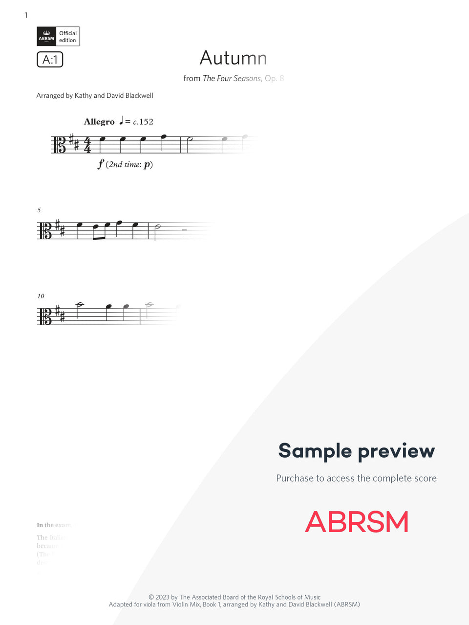 Autumn: from The Four Seasons, Op. 8 - Viola Exam Pack 2024, Initial Grade (Digital Sheet Music) protected preview