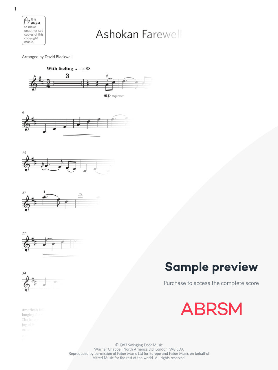 Ashokan Farewell - Violin Exam Pieces 2024, Grade 3 (Digital Sheet Music) protected preview