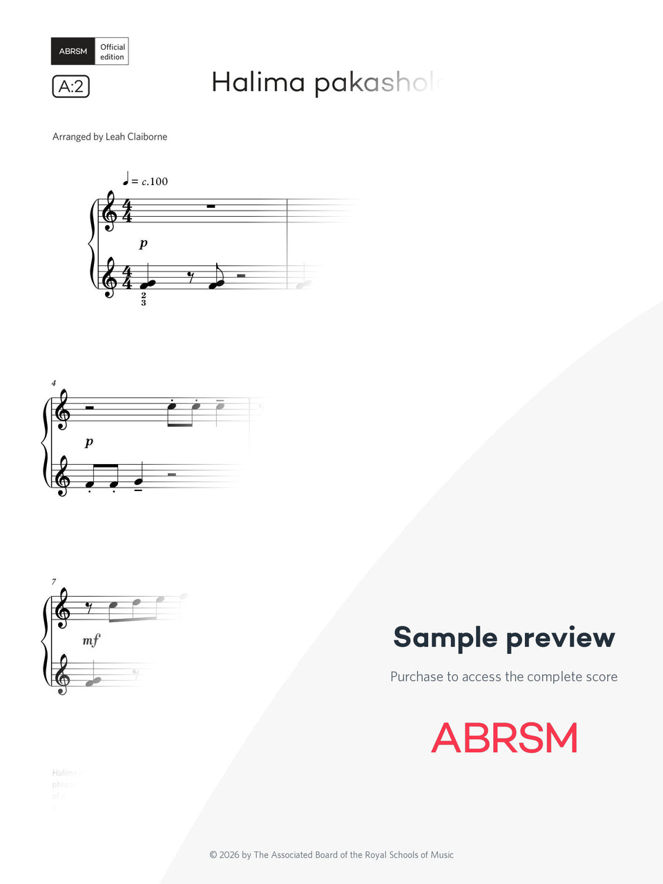 Halima pakasholo - Piano Exam Pieces 2027 & 2028, Initial Grade (Digital Sheet Music)