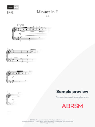 Minuet in F, K. 5 - Piano Exam Pieces 2027 & 2028, Grade 3 (Digital Sheet Music)