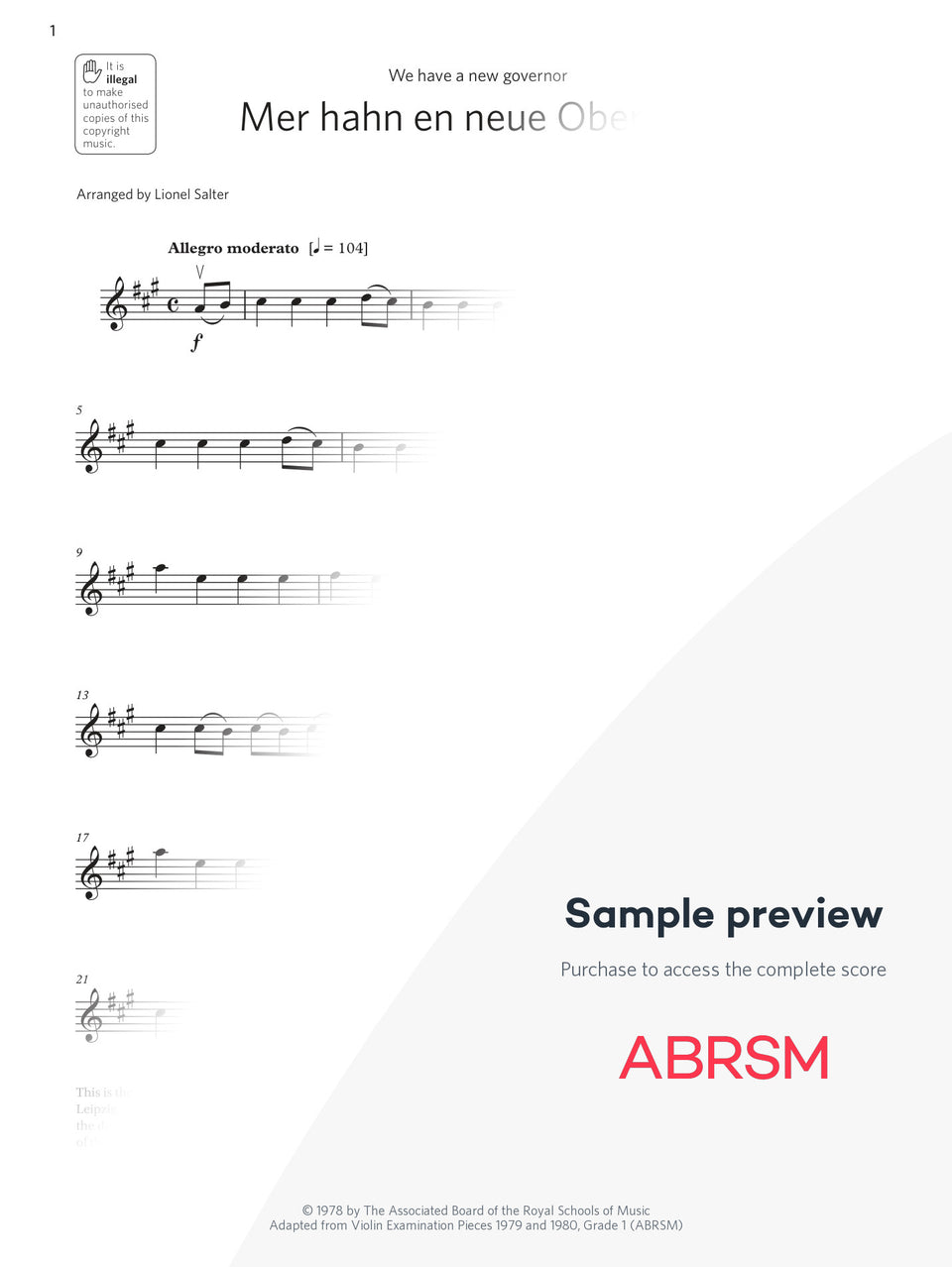 Mer hahn en neue Oberkeet - Violin Exam Pieces 2024, Grade 1 (Digital Sheet Music) protected preview