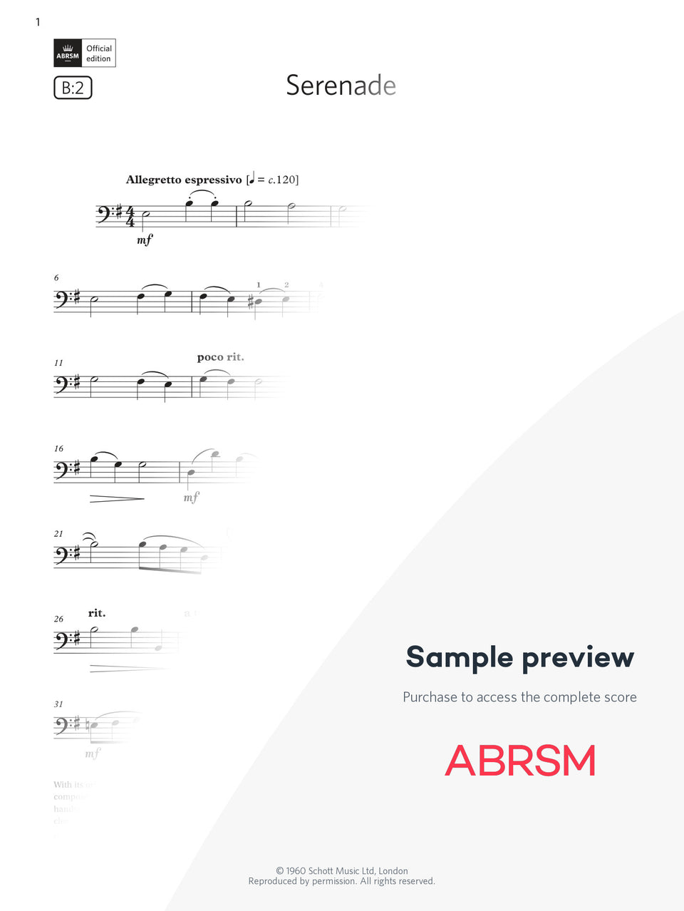 Serenade - Cello Exam Pieces 2024, Grade 2 (Digital Sheet Music) protected preview