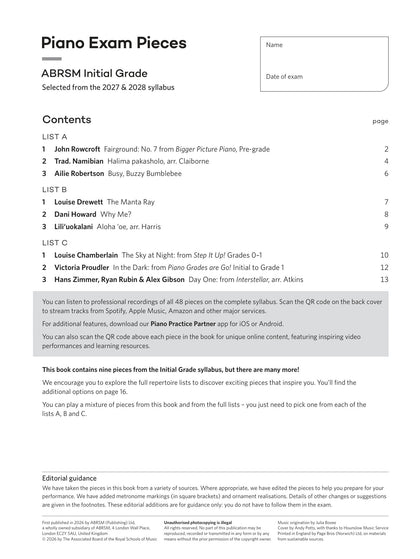 Piano Exam Pieces 2027 & 2028, ABRSM Initial Grade - contents page
