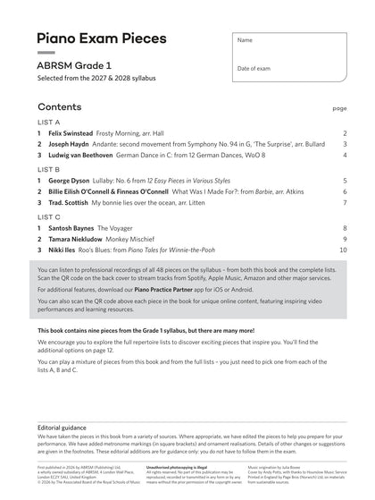 Piano Exam Pieces 2027 & 2028, ABRSM Grade 1 - contents page