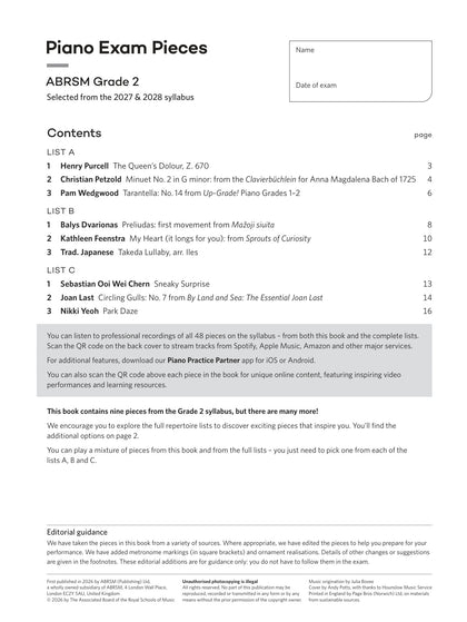Piano Exam Pieces 2027 & 2028, ABRSM Grade 2 - contents page
