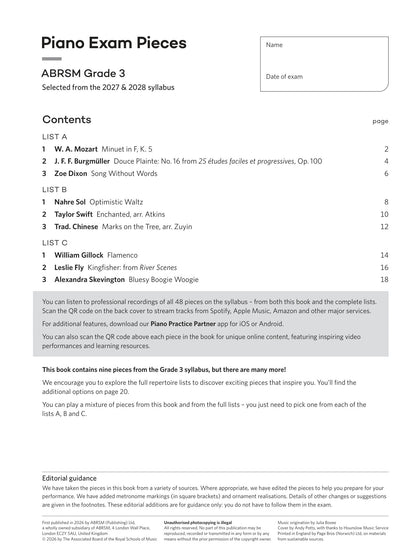 Piano Exam Pieces 2027 & 2028, ABRSM Grade 3 - contents page