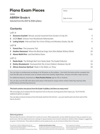 Piano Exam Pieces 2027 & 2028, ABRSM Grade 4 - contents page