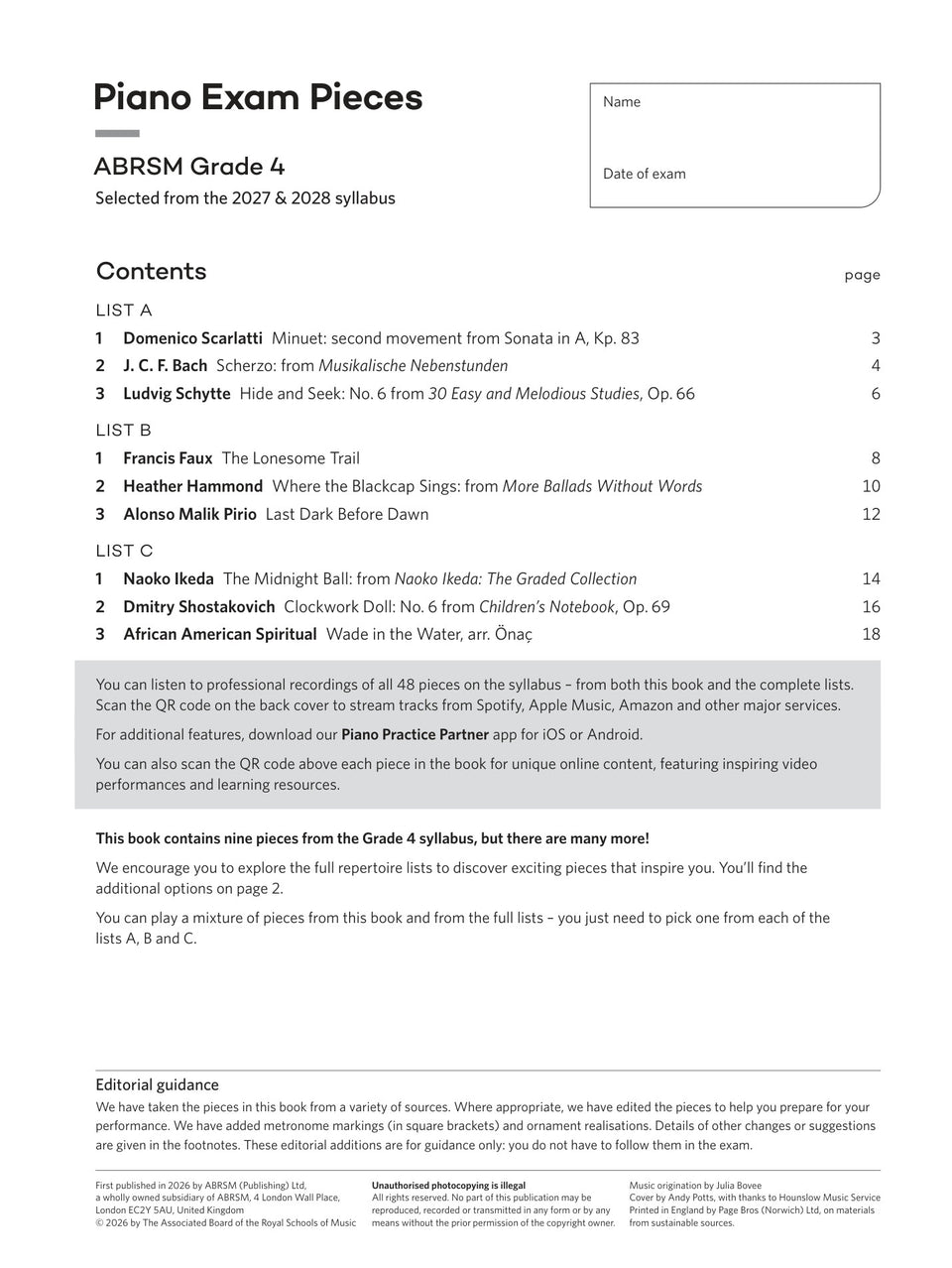 Piano Exam Pieces 2027 & 2028, ABRSM Grade 4 - contents page