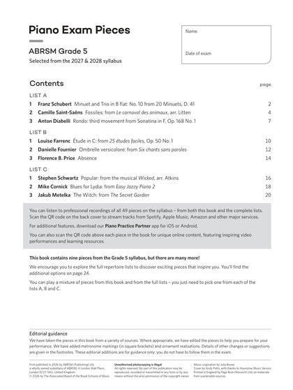 Piano Exam Pieces 2027 & 2028, ABRSM Grade 5 - contents page