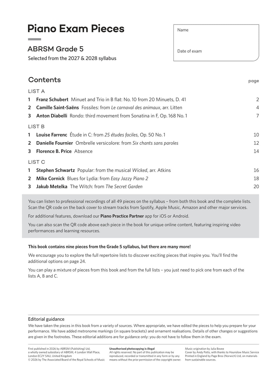 Piano Exam Pieces 2027 & 2028, ABRSM Grade 5 - contents page