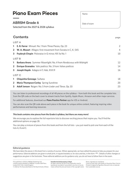 Piano Exam Pieces 2027 & 2028, ABRSM Grade 6 - contents page