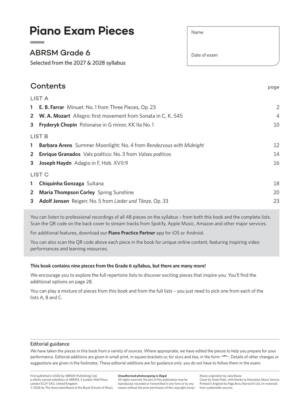 Piano Exam Pieces 2027 & 2028, ABRSM Grade 6 - contents page