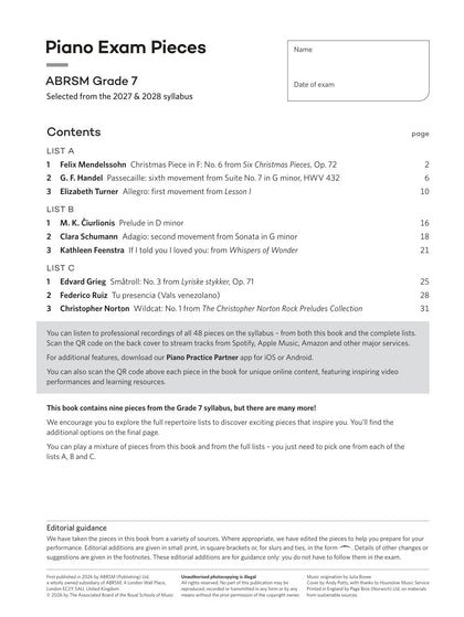 Piano Exam Pieces 2027 & 2028, ABRSM Grade 7 - contents page