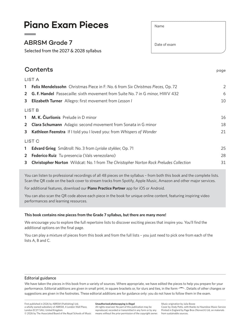 Piano Exam Pieces 2027 & 2028, ABRSM Grade 7 - contents page