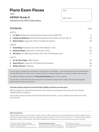 Piano Exam Pieces 2027 & 2028, ABRSM Grade 8 - contents page