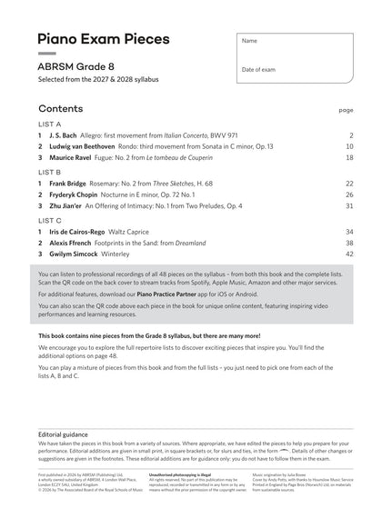 Piano Exam Pieces 2027 & 2028, ABRSM Grade 8 - contents page