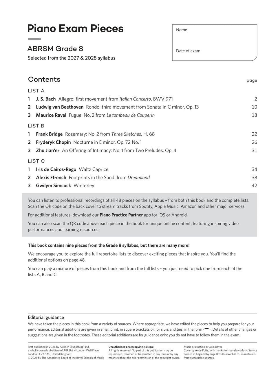 Piano Exam Pieces 2027 & 2028, ABRSM Grade 8 - contents page