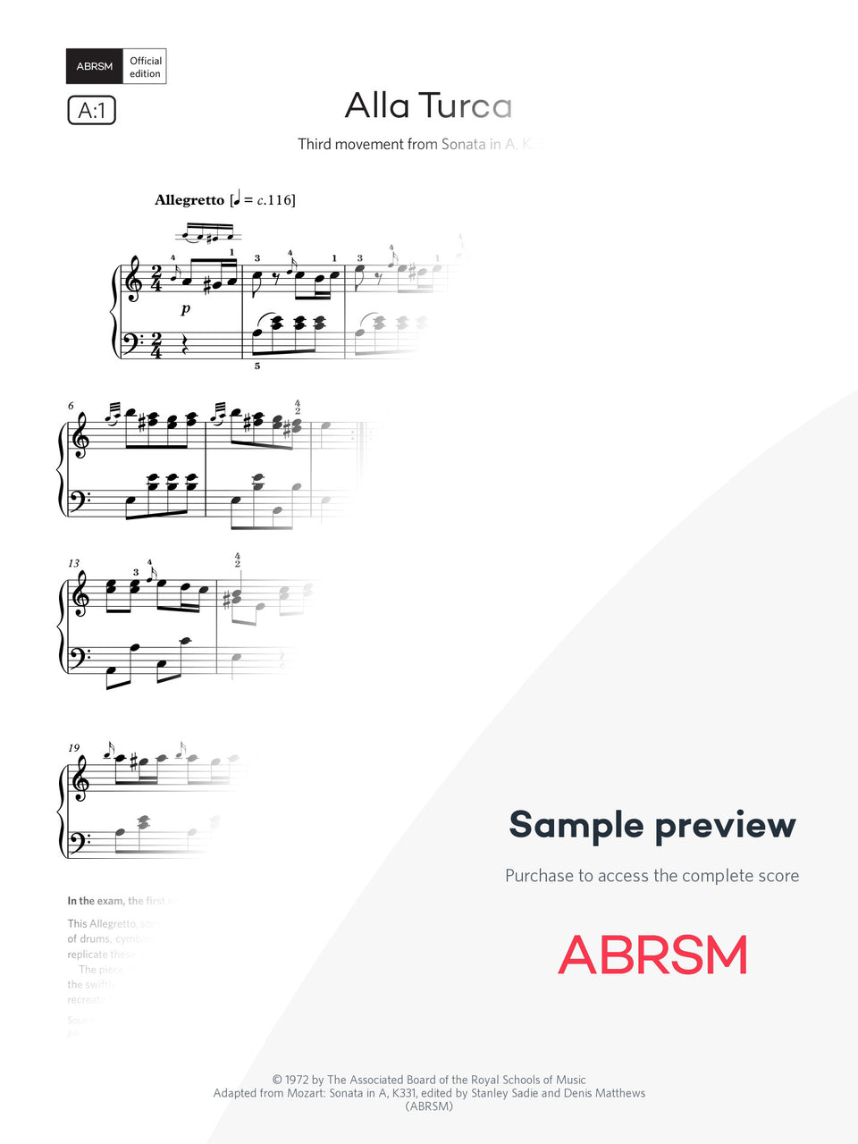 Alla Turca - Piano Exam Pieces 2025 & 2026, Grade 8 (Digital Sheet Music) protected preview