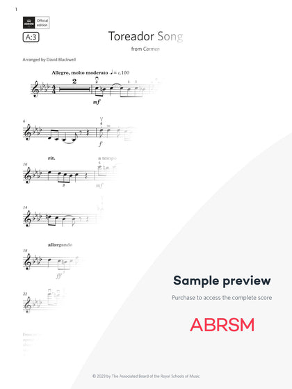 Toreador Song - Violin Exam Pieces 2024, Grade 6 (Digital Sheet Music) protected preview