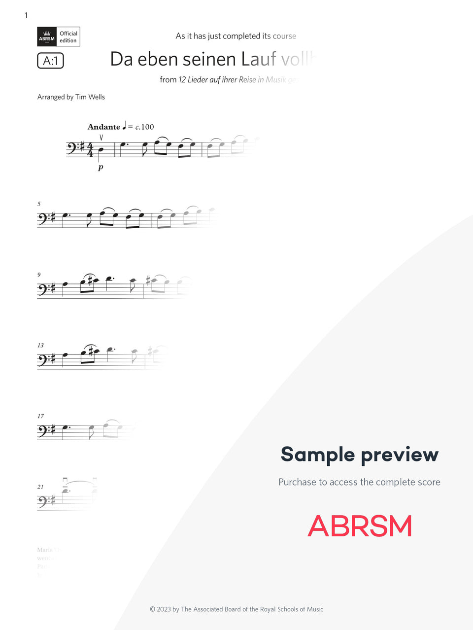 Da eben seinen Lauf vollbracht - Cello Exam Pieces 2024, Grade 2 (Digital Sheet Music) protected preview